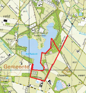 Kaart van natuurgebied Het Rutbeek bij Enschede met bossen, heide en water.